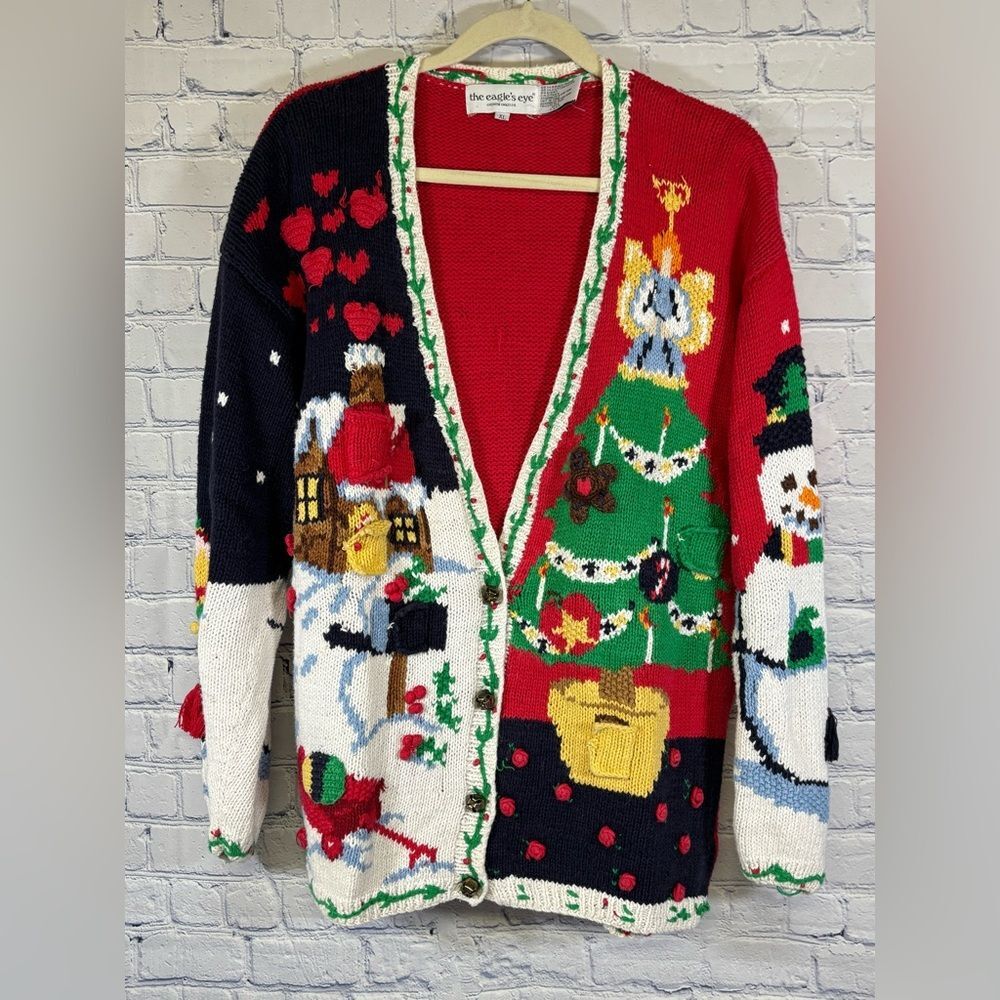 VINTAGE 90s The Eagles Eye Christmas Scenes Holiday Festive Cardigan Sweater XL